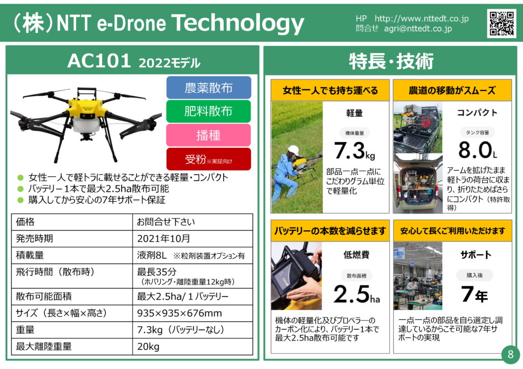 農業用ドローン　（株）NTT e-Drone Tcechnology AC101 2022モデル